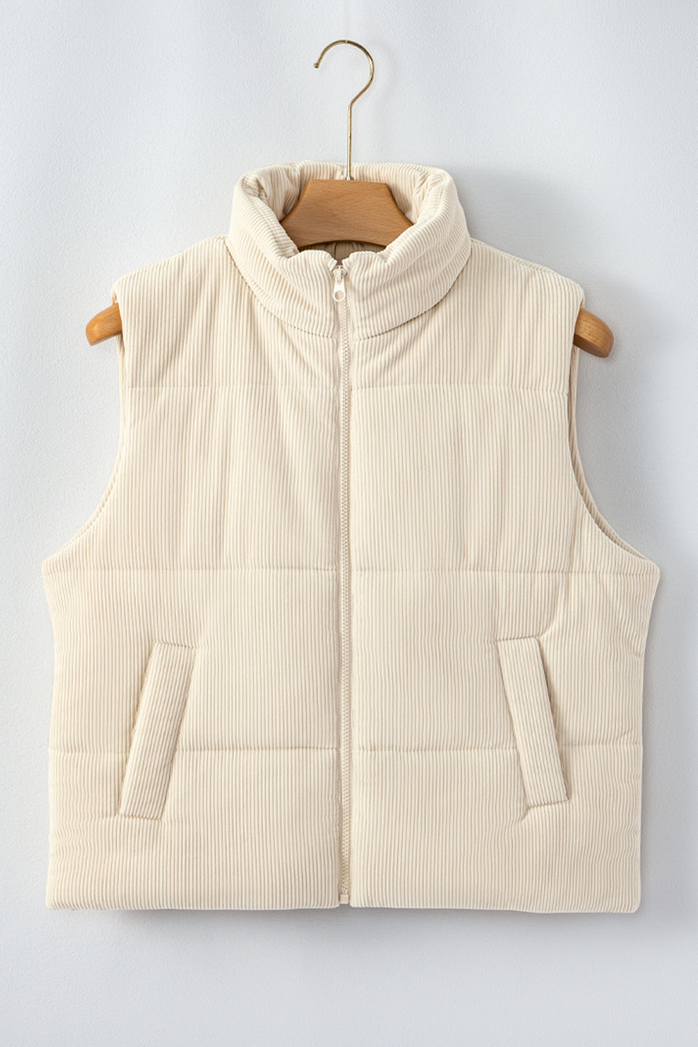 Scottie Solid Color Corduroy Puffer Vest Coat - Beige in Beige view 6 - Beige Coat (layer)