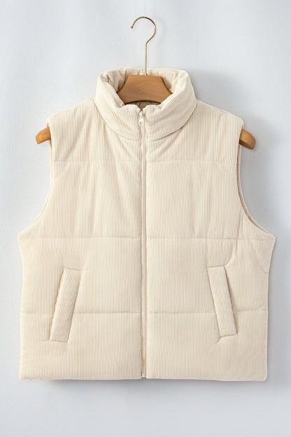 Scottie Solid Color Corduroy Puffer Vest Coat - Beige in Beige view 6 - Beige Coat (layer)