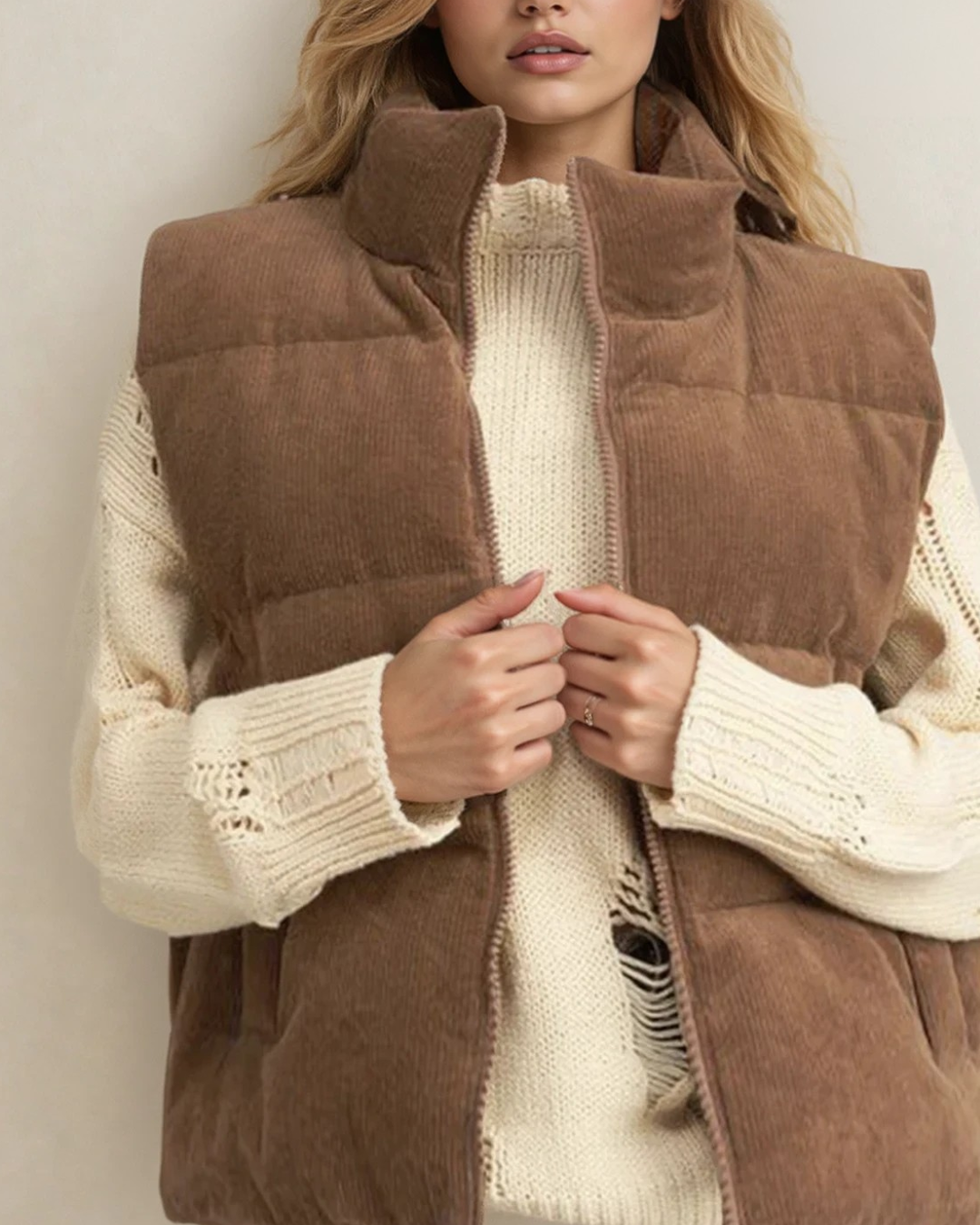 scottie solid color Scottie Solid Color Corduroy Puffer Vest Coat - Coffee view 3 (layer) - shop at us.meeeshop