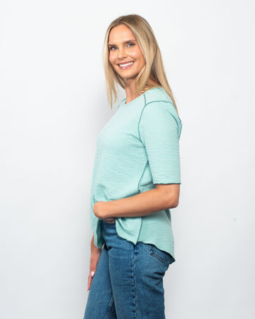 Seersucker Contrast 3/4 Sleeve Top in Mint/Dark Mint view 2 - Contrast Top