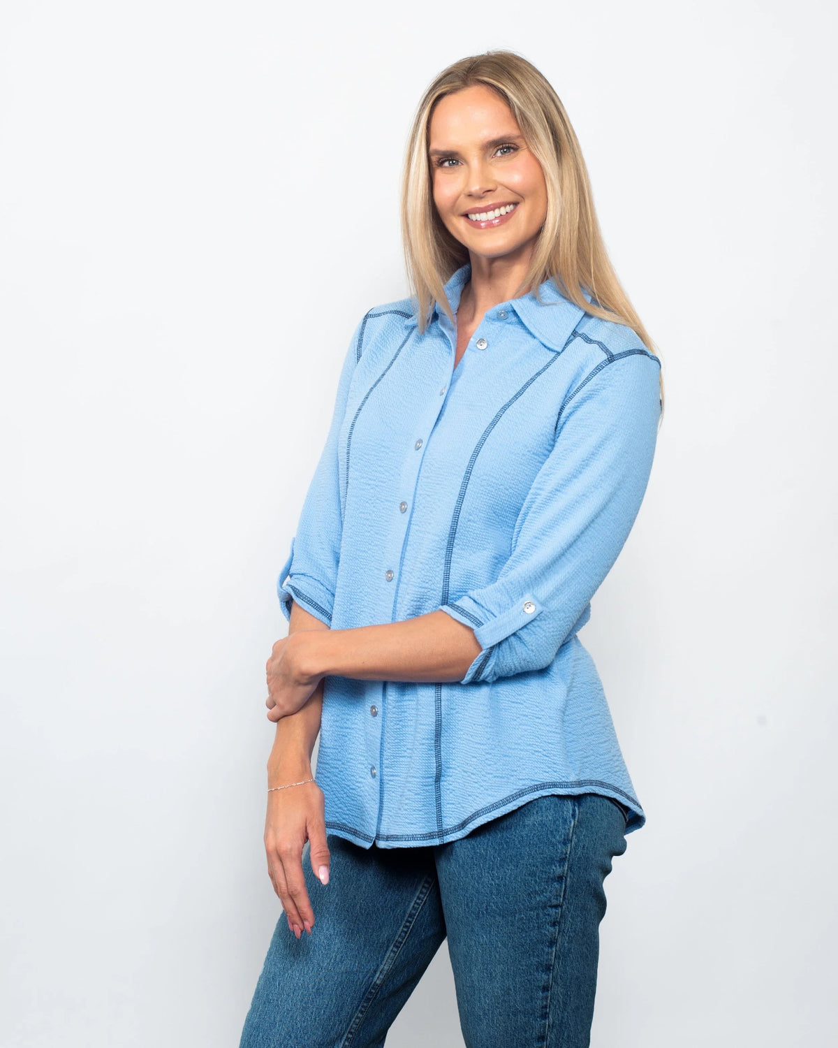 Seersucker Contrast Stitching Button Up in Navy/White view 4 (piece)