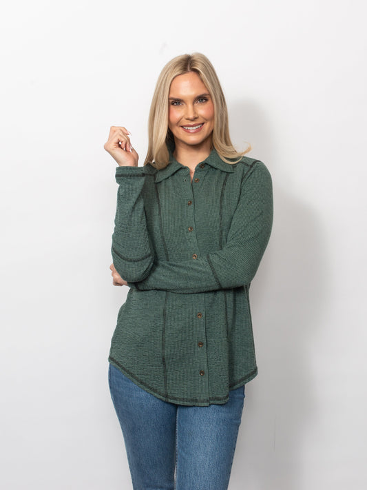 Seersucker Contrast Stitching Button up Shirt in Jade/Black - Button Shirt (top)