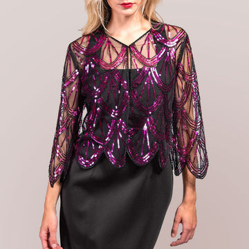 Sequin Beaded Retro Style Cropped 3/4 Sleeves Vintage Shawl Cardigan Top in Black, Fuchsia - Sequin Embellished Cardigan