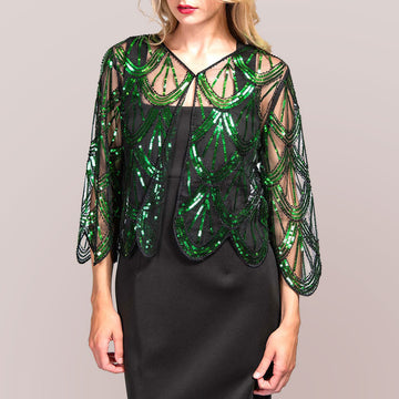 Sequin Beaded Retro Style Cropped 3/4 Sleeves Vintage Shawl Cardigan Top in Black, Green view 2 - Sequin Embellished Cardigan