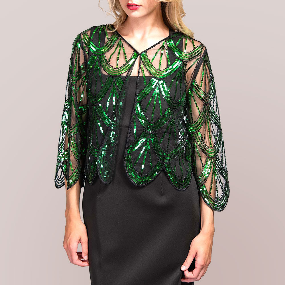 Sequin Beaded Retro Style Cropped 3/4 Sleeves Vintage Shawl Cardigan Top in Black, Green view 2 - Sequin Embellished Cardigan