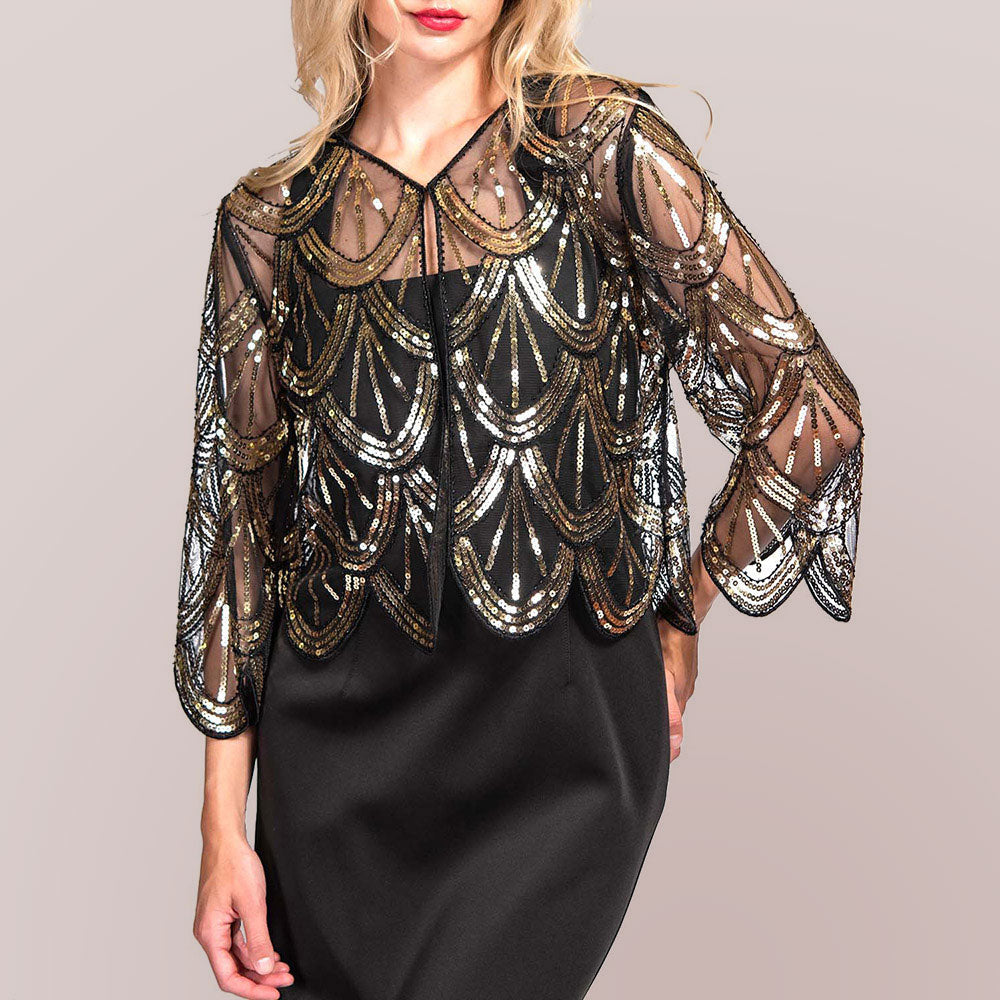 Sequin Beaded Retro Style Cropped 3/4 Sleeves Vintage Shawl Cardigan Top in Black, Gold view 4 - Sequin Embellished Cardigan