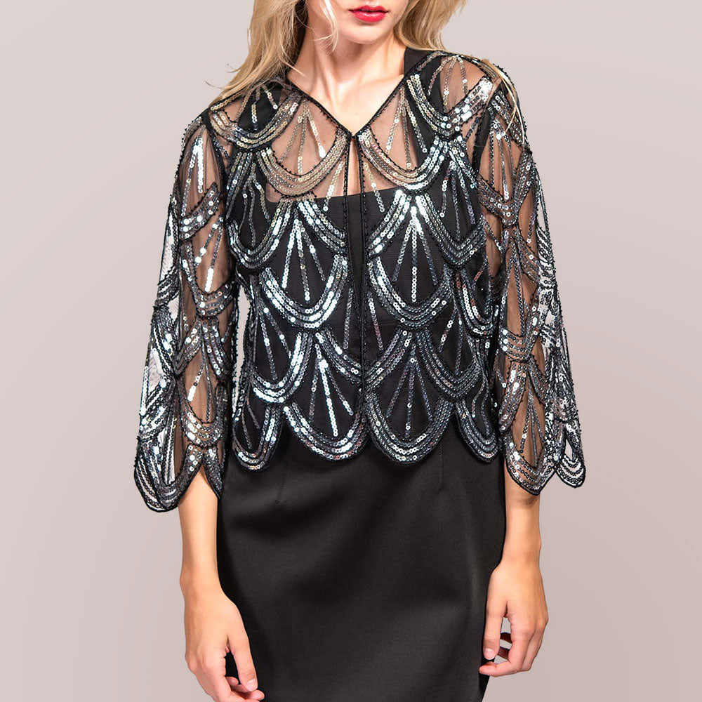 Sequin Beaded Retro Style Cropped 3/4 Sleeves Vintage Shawl Cardigan Top in Black, Silver view 5