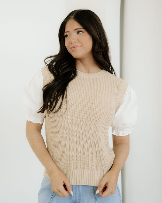 Seraphina Round Neck Knit Contrast Short Sleeve Patchwork Sweater Top in Light French Beige - Casual Office Outfit