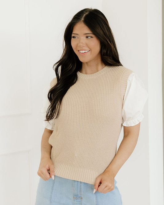 Seraphina Round Neck Knit Contrast Short Sleeve Patchwork Sweater Top in Light French Beige view 2 - Casual Office Outfit