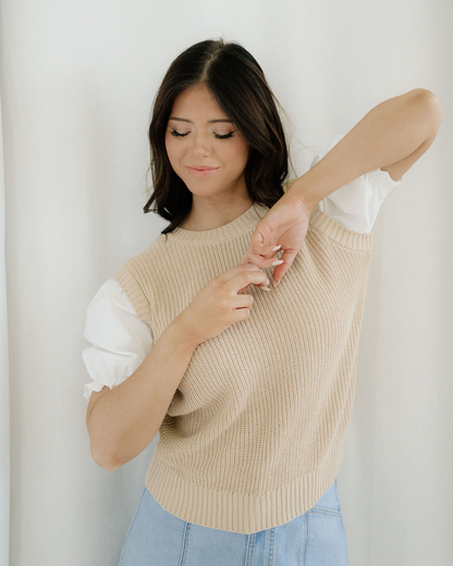 Seraphina Round Neck Knit Contrast Short Sleeve Patchwork Sweater Top in Light French Beige view 3 - Casual Office Outfit