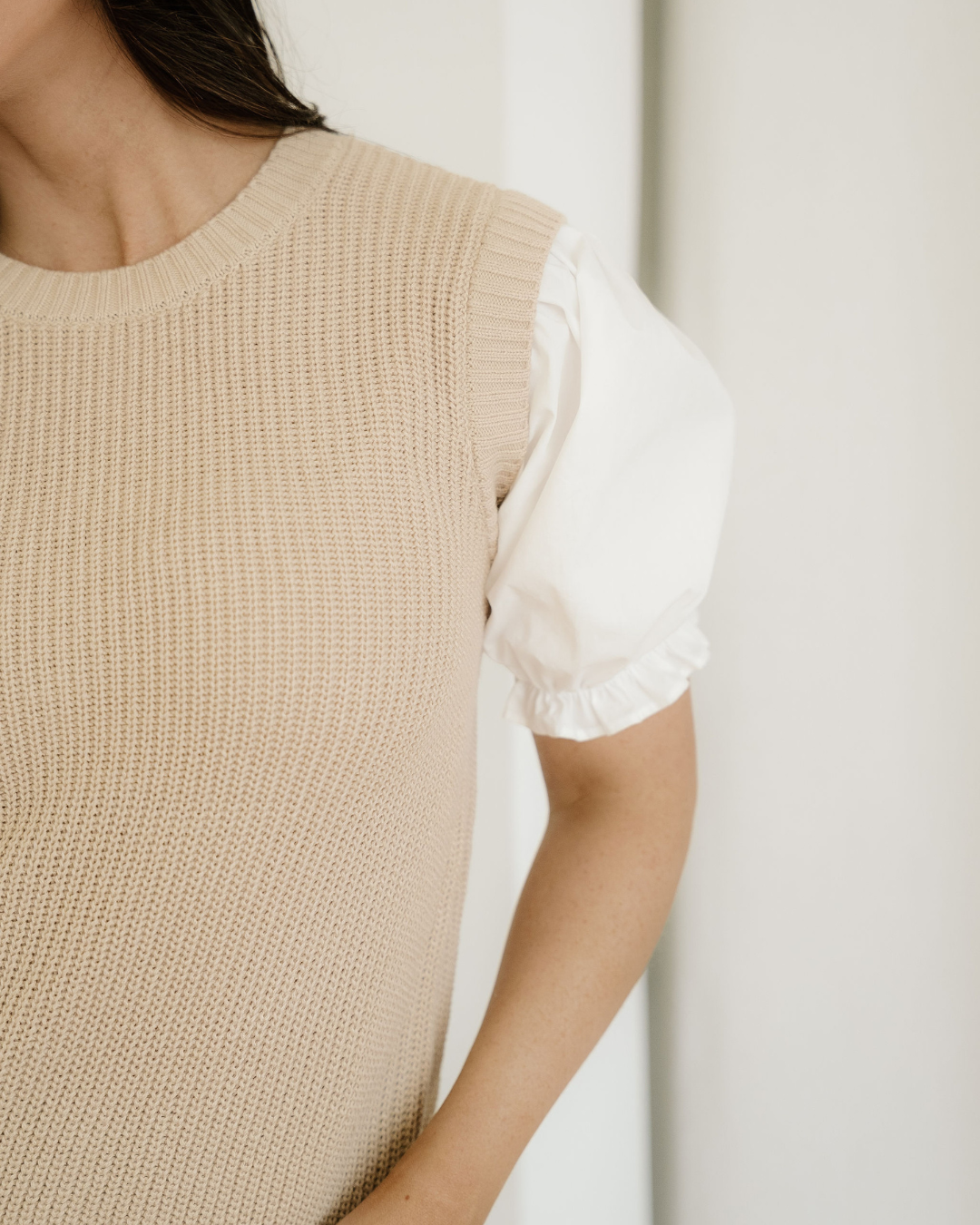 Seraphina Round Neck Knit Contrast Short Sleeve Patchwork Sweater Top view 6 - Casual Office Outfit - Top Sweater