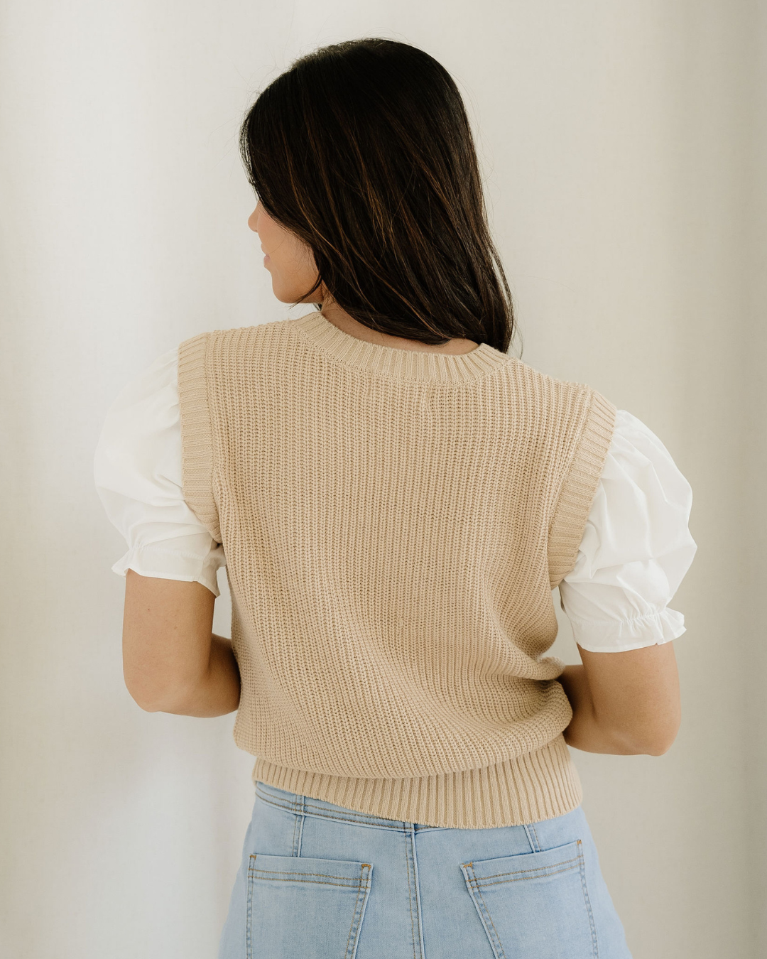 Seraphina Round Neck Knit Contrast Short Sleeve Patchwork Sweater Top view 8 - Casual Office Outfit - Top Sweater