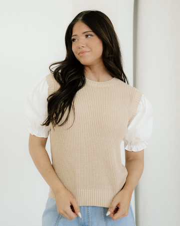 Seraphina Round Neck Knit Contrast Short Sleeve Patchwork Sweater Top - MeeeShop Women's Fashion