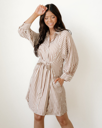 Serena Stripe Knot Waist Puff Sleeve Button Down Mini Shirt Dress in S - Serena Striped Dress