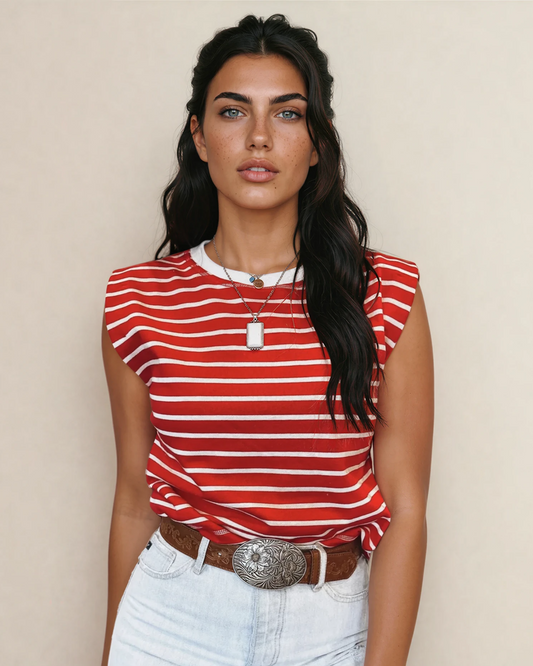 serena stripe ribbed Serena Stripe Ribbed Round Neck Trim Loose Tank Top - Red Red Stripe (top) - shop at us.meeeshop