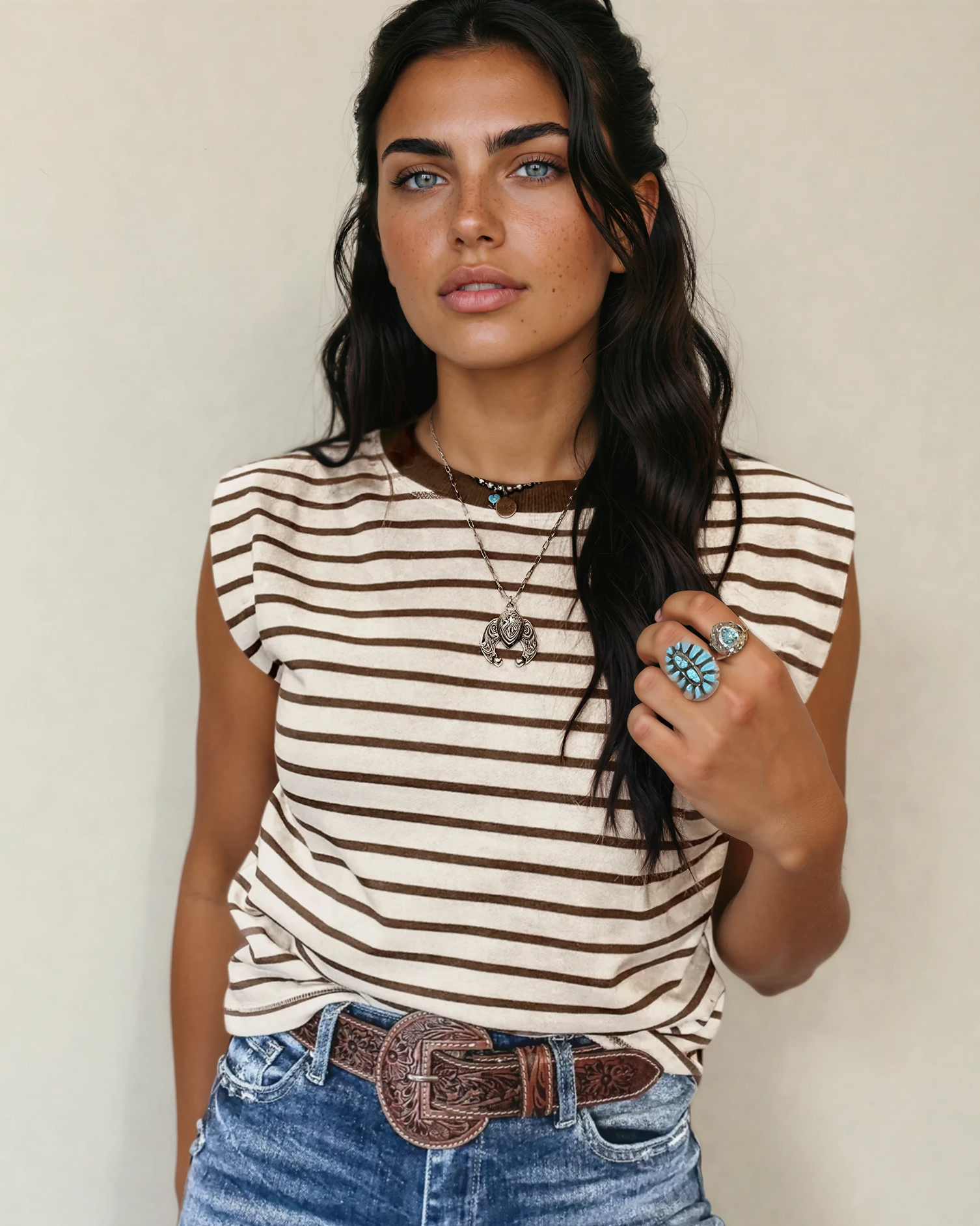 serena stripe ribbed Serena Stripe Ribbed Round Neck Trim Loose Tank Top - Brown view 2 (top) - shop at us.meeeshop