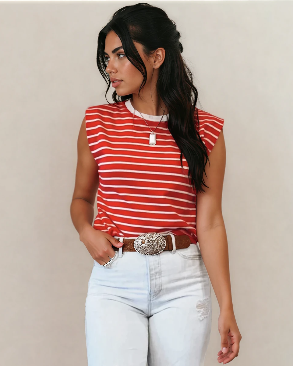 serena stripe ribbed Serena Stripe Ribbed Round Neck Trim Loose Tank Top - Red view 3 (top) - shop at us.meeeshop