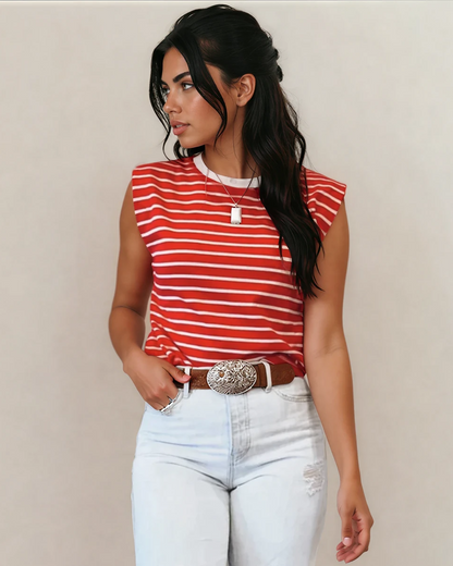 serena stripe ribbed Serena Stripe Ribbed Round Neck Trim Loose Tank Top - Red view 3 (top) - shop at us.meeeshop