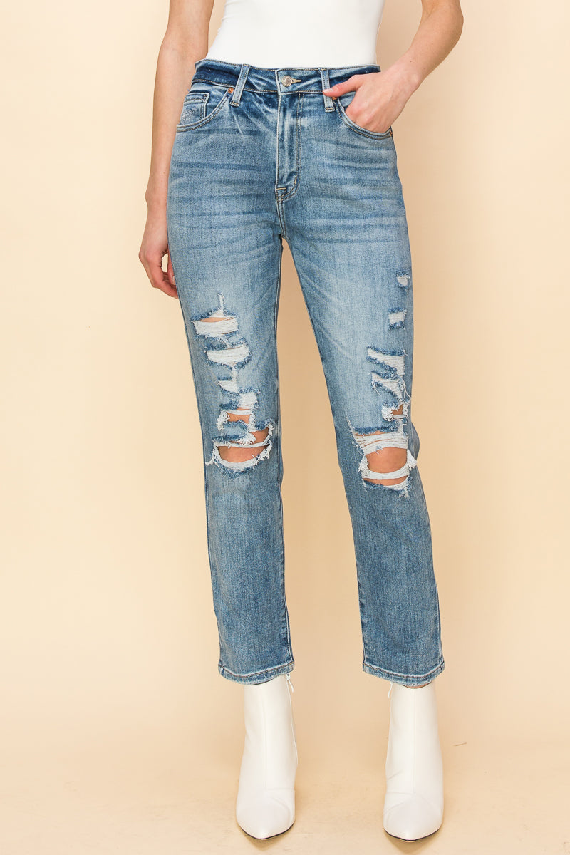 Serenity High Rise Stretch Distressed Mom Jeans in 5 (26) view 2 - High-Waisted (bottom)