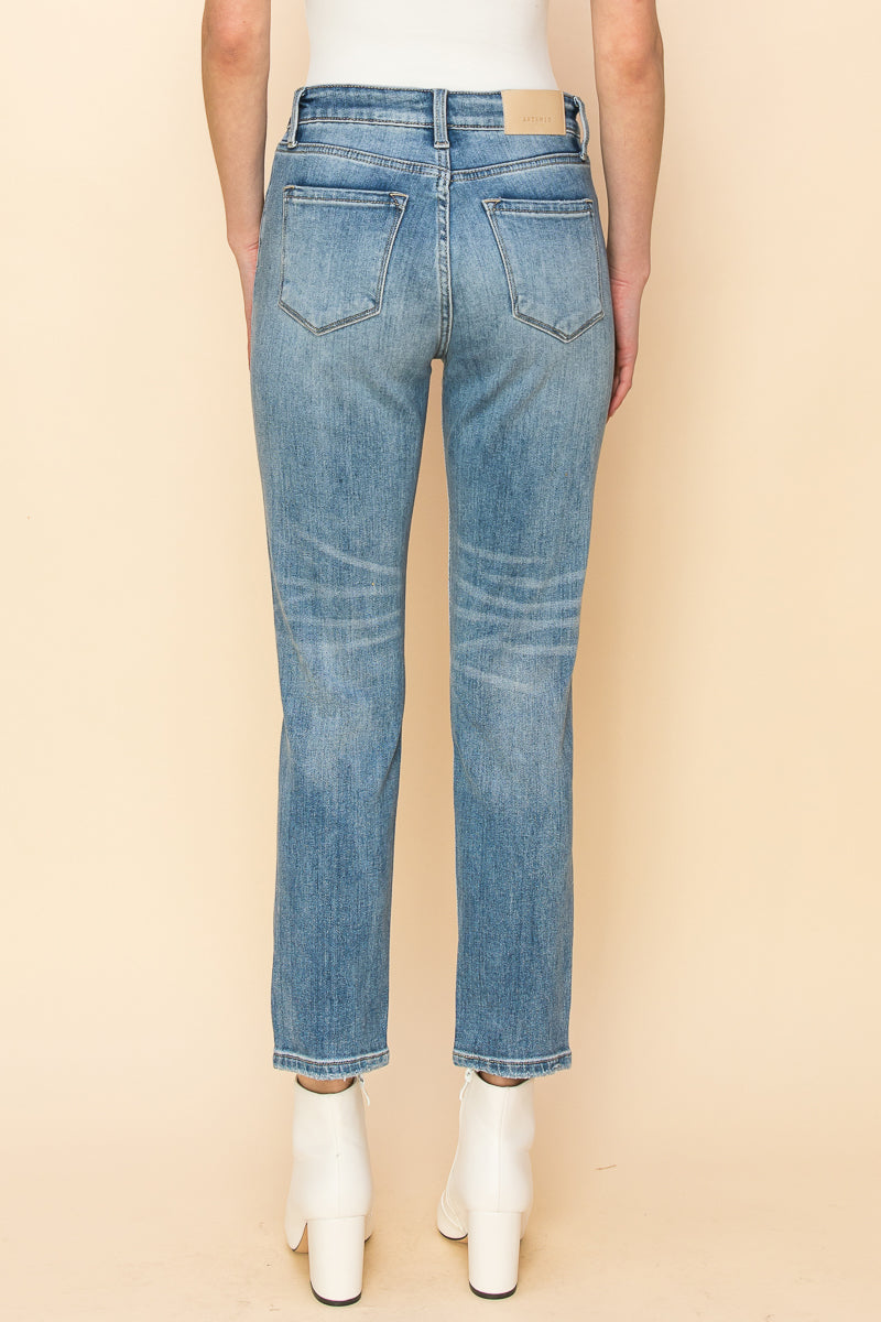 Serenity High Rise Stretch Distressed Mom Jeans in 9 (28) view 4 - High-Waisted (bottom)