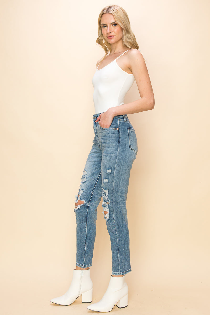 Serenity High Rise Stretch Distressed Mom Jeans in 11 (29) view 5 - High-Waisted (bottom)