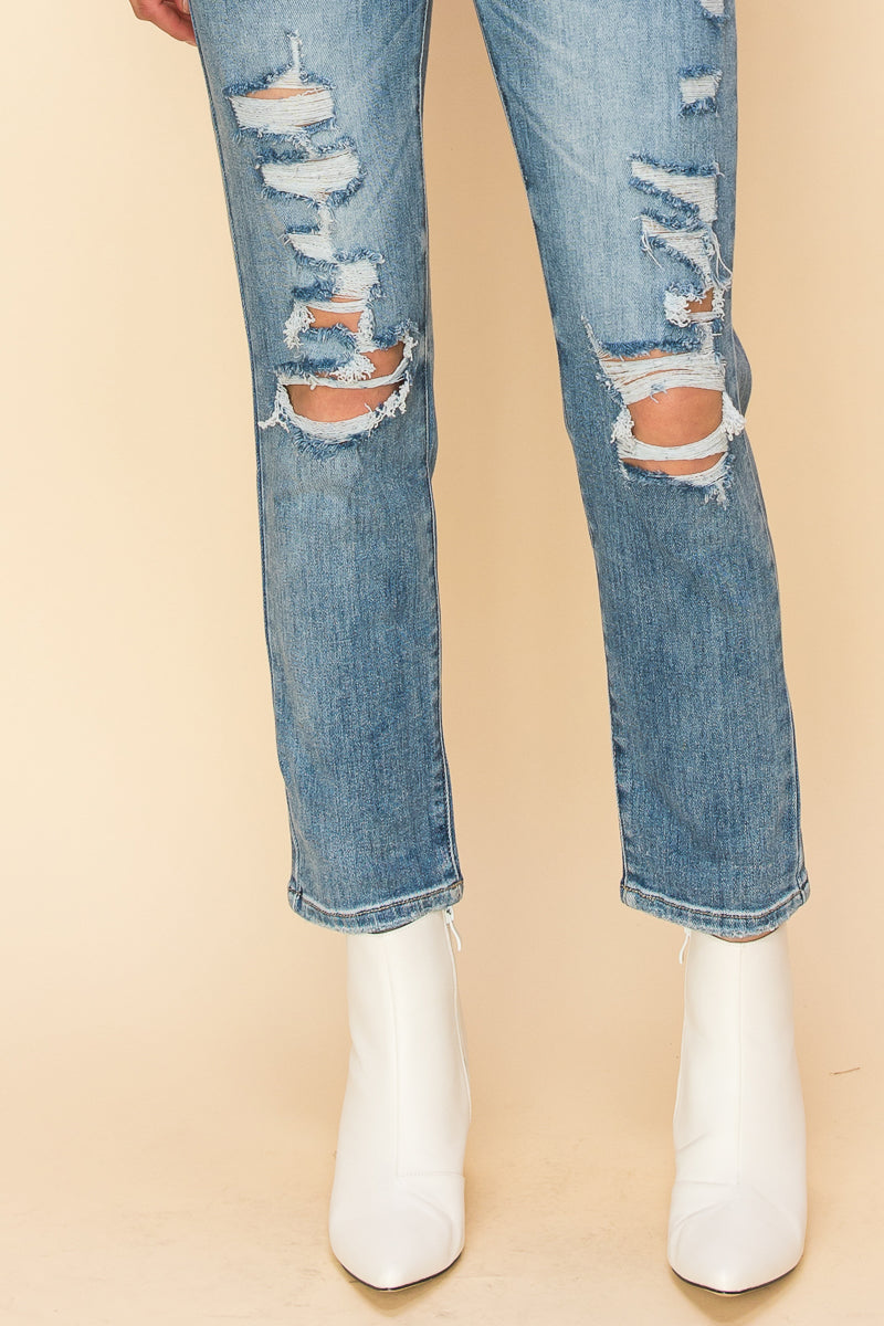 Serenity High Rise Stretch Distressed Mom Jeans view 8 - High-Waisted (bottom)