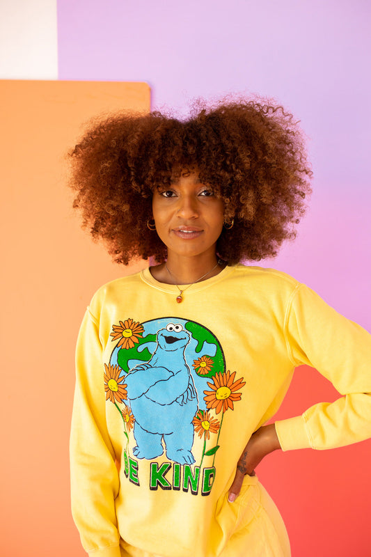 Sesame Sweatshirt Be Kind Cookie Monster Sweatshirt in Yellow view 2 (top)