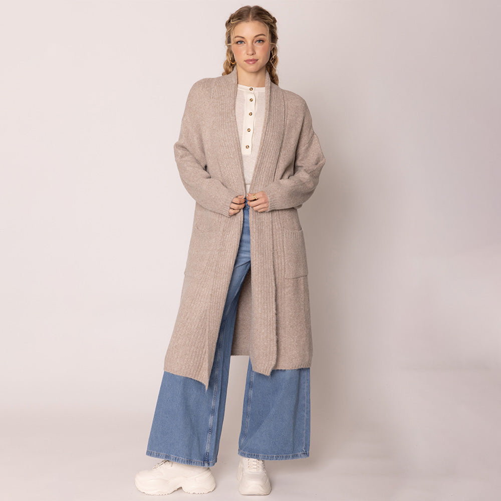 Shawl Collar Cardigan Top in Taupe view 2 - Shawl Collar Cardigan Women