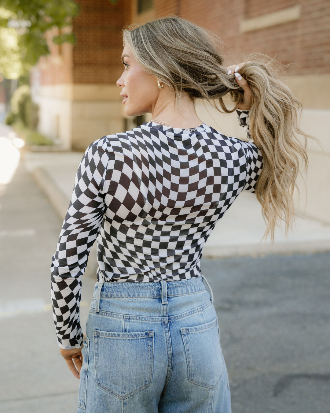 Sheer Checkered Top - Black in 2XL view 6 - Sheer Checkered Long Sleeve Top