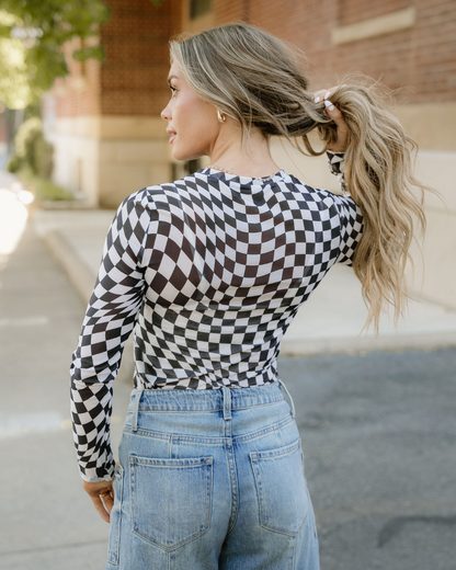 Sheer Checkered Top - Black in 2XL view 6 - Sheer Checkered Long Sleeve Top