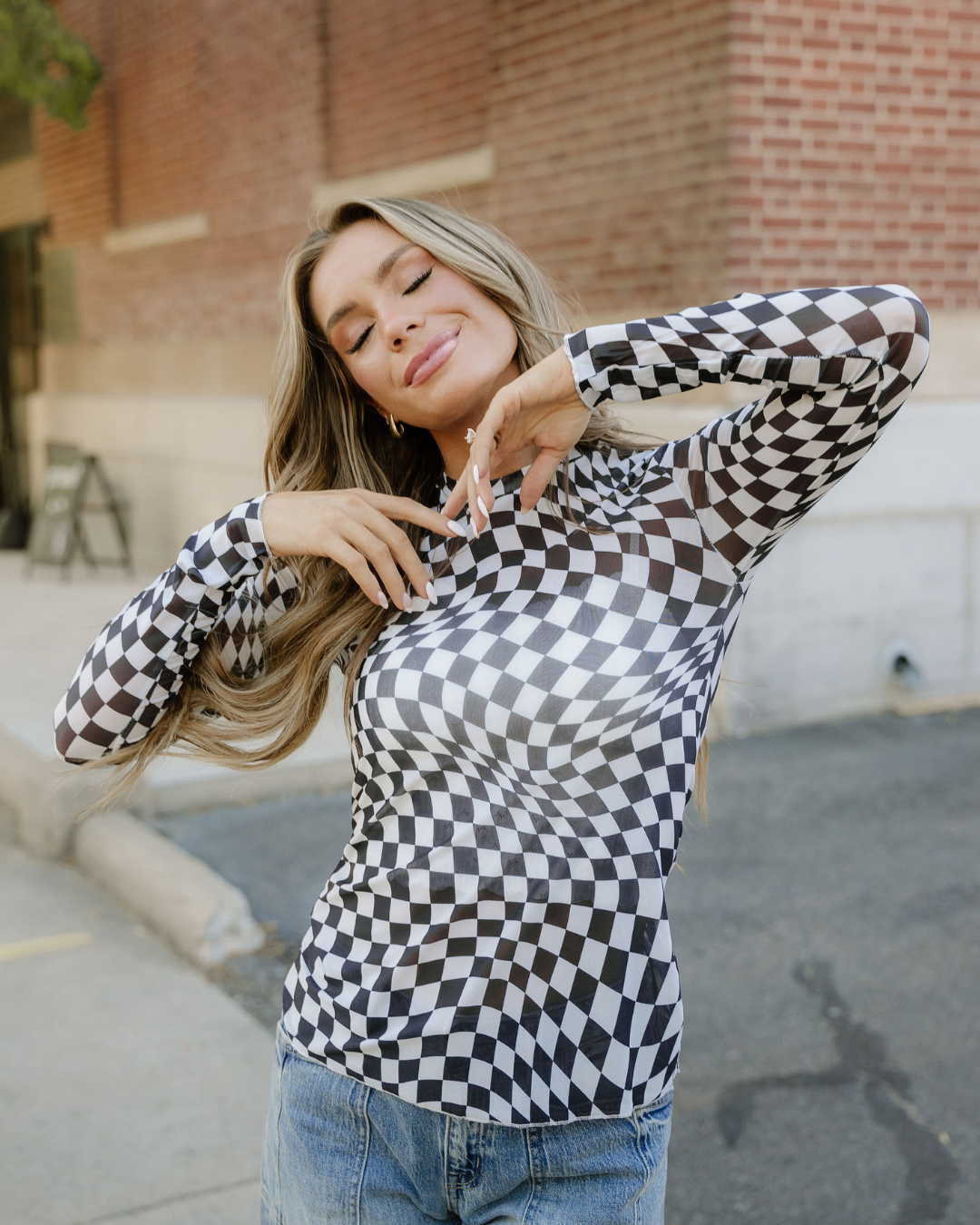 Sheer Checkered Top - Black in Medium view 2 - Sheer Checkered Long Sleeve Top