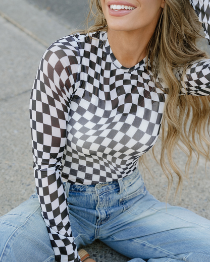 Sheer Checkered Top - Black in Small - Sheer Checkered Long Sleeve Top