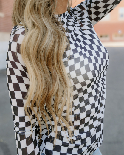 Sheer Checkered Top - Black in XL view 4 - Sheer Checkered Long Sleeve Top