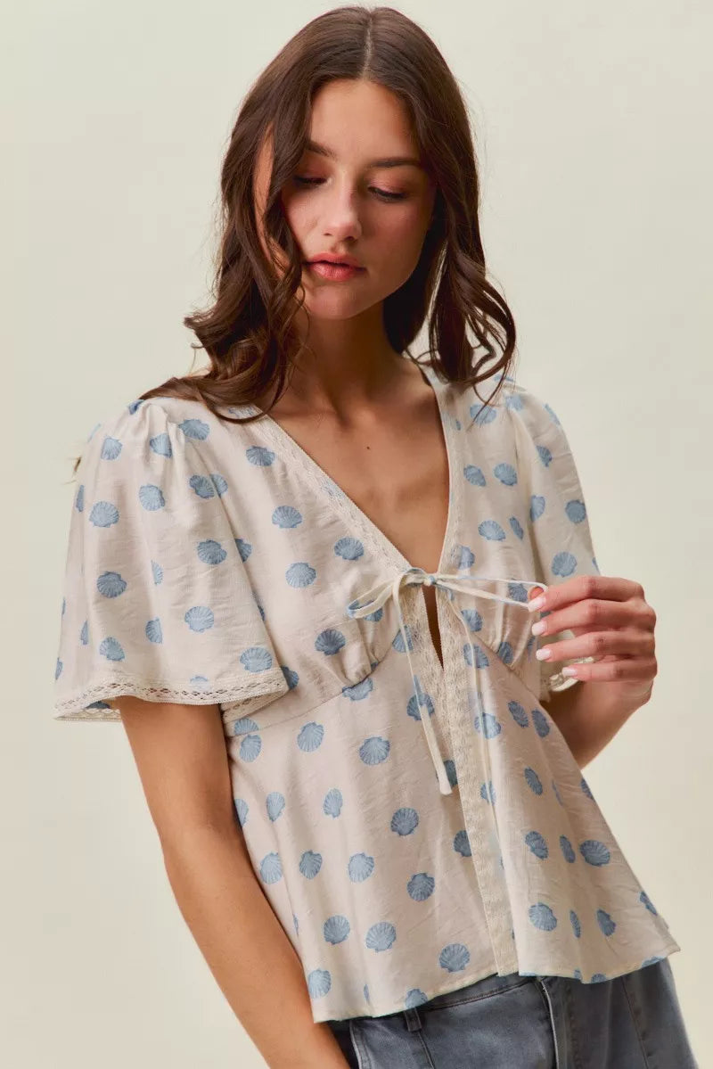 So Me Shell Print Tie Front Flutter Sleeves Blouse Top IVORY/BLUE (top) - seashell print blouse, shell  - shop at us.meeeshop