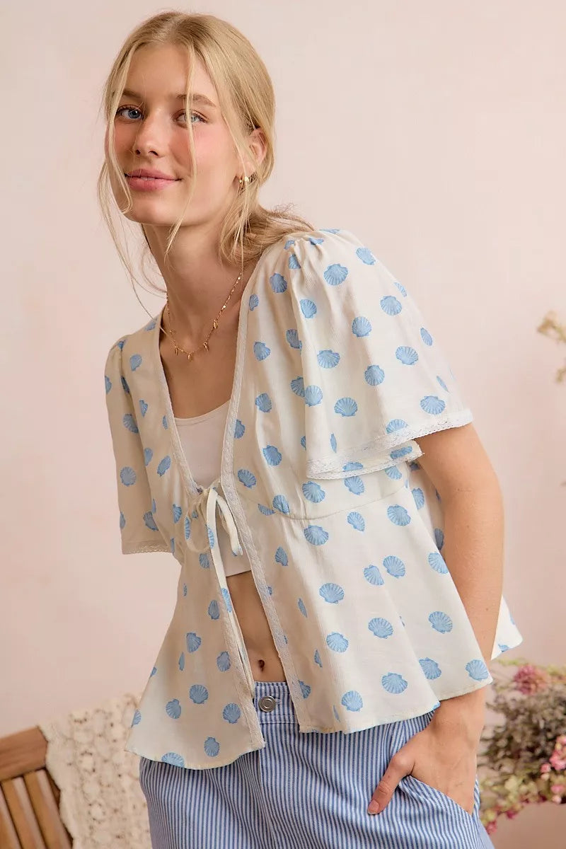 shell print tie So Me Shell Print Tie Front Flutter Sleeves Blouse Top view 10 (top) - shop at us.meeeshop