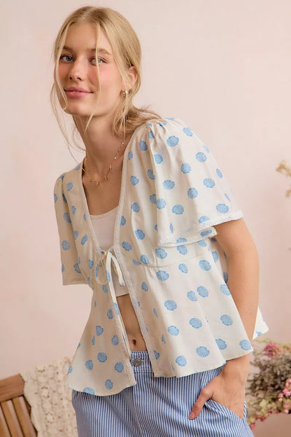 shell print tie So Me Shell Print Tie Front Flutter Sleeves Blouse Top view 10 (top) - shop at us.meeeshop
