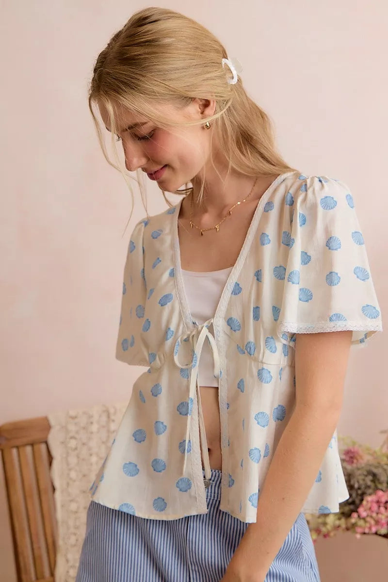 So Me Shell Print Tie Front Flutter Sleeves Blouse Top view 12 (top) - seashell print blouse, shell pat - shop at us.meeeshop