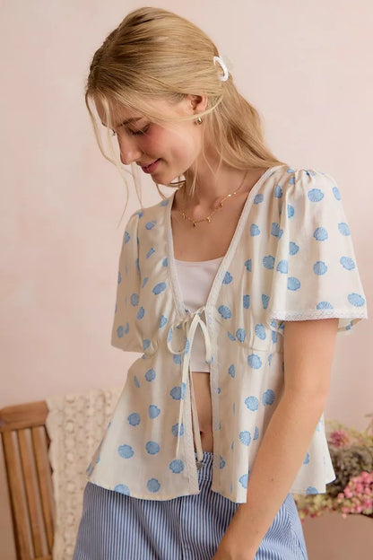 shell print tie So Me Shell Print Tie Front Flutter Sleeves Blouse Top view 12 (top) - shop at us.meeeshop