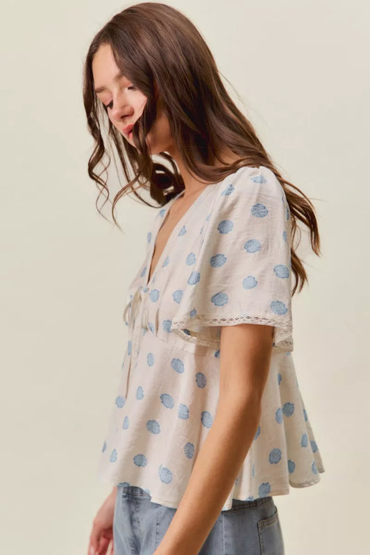 shell print tie So Me Shell Print Tie Front Flutter Sleeves Blouse Top view 2 (top) - shop at us.meeeshop
