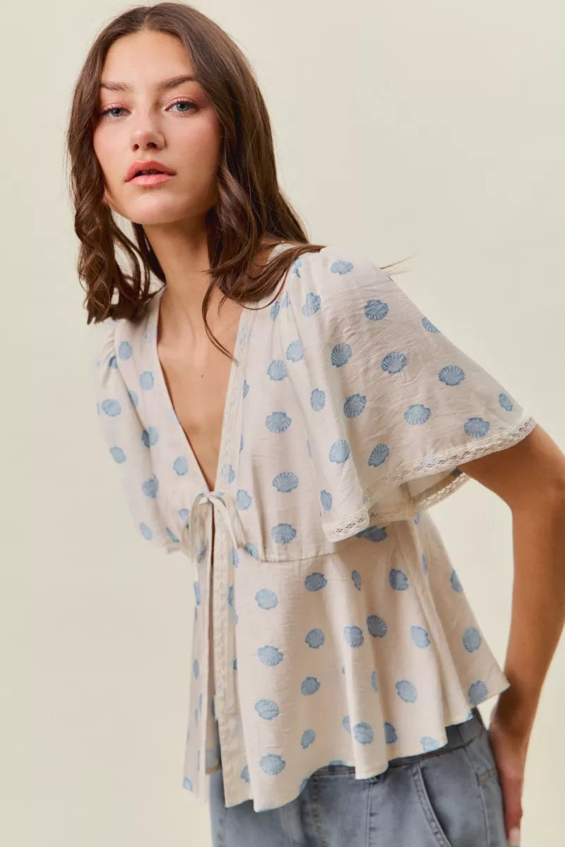 So Me Shell Print Tie Front Flutter Sleeves Blouse Top IVORY/BLUE view 4 (top) - seashell print blouse, - shop at us.meeeshop