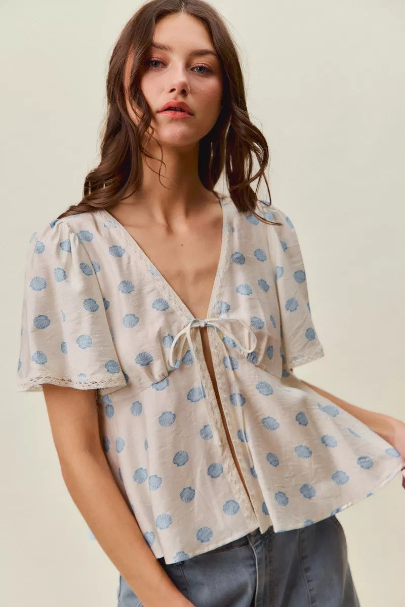 shell print tie So Me Shell Print Tie Front Flutter Sleeves Blouse Top view 5 (top) - shop at us.meeeshop