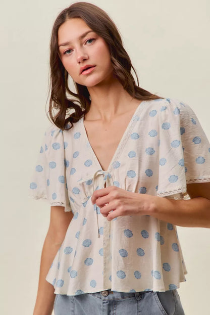 shell print tie So Me Shell Print Tie Front Flutter Sleeves Blouse Top view 6 (top) - shop at us.meeeshop