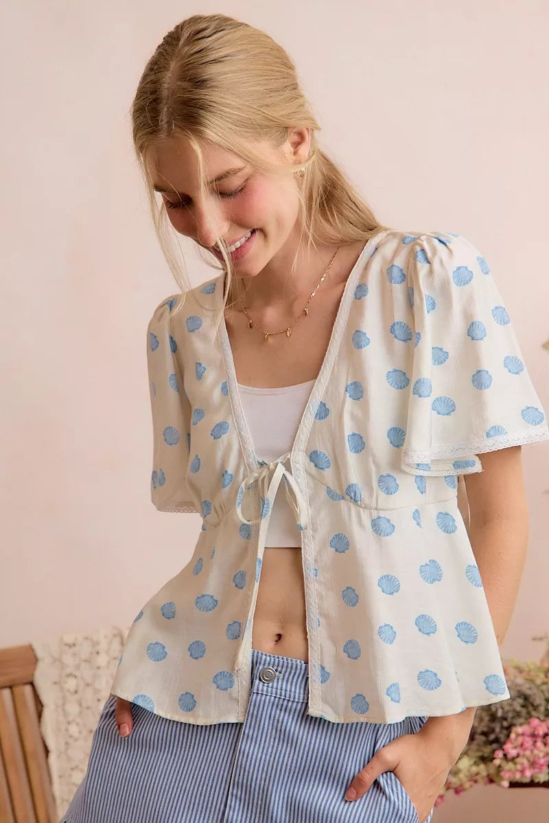 shell print tie So Me Shell Print Tie Front Flutter Sleeves Blouse Top view 8 (top) - shop at us.meeeshop