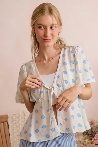 shell print tie So Me Shell Print Tie Front Flutter Sleeves Blouse Top view 9 (top) - shop at us.meeeshop