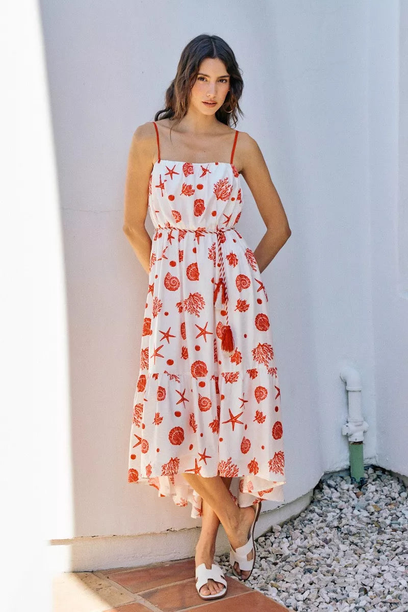 shell print tiered So Me Shell Print Tiered Lined Midi Cami Dress with Belt view 2 (dress) - shop at us.meeeshop