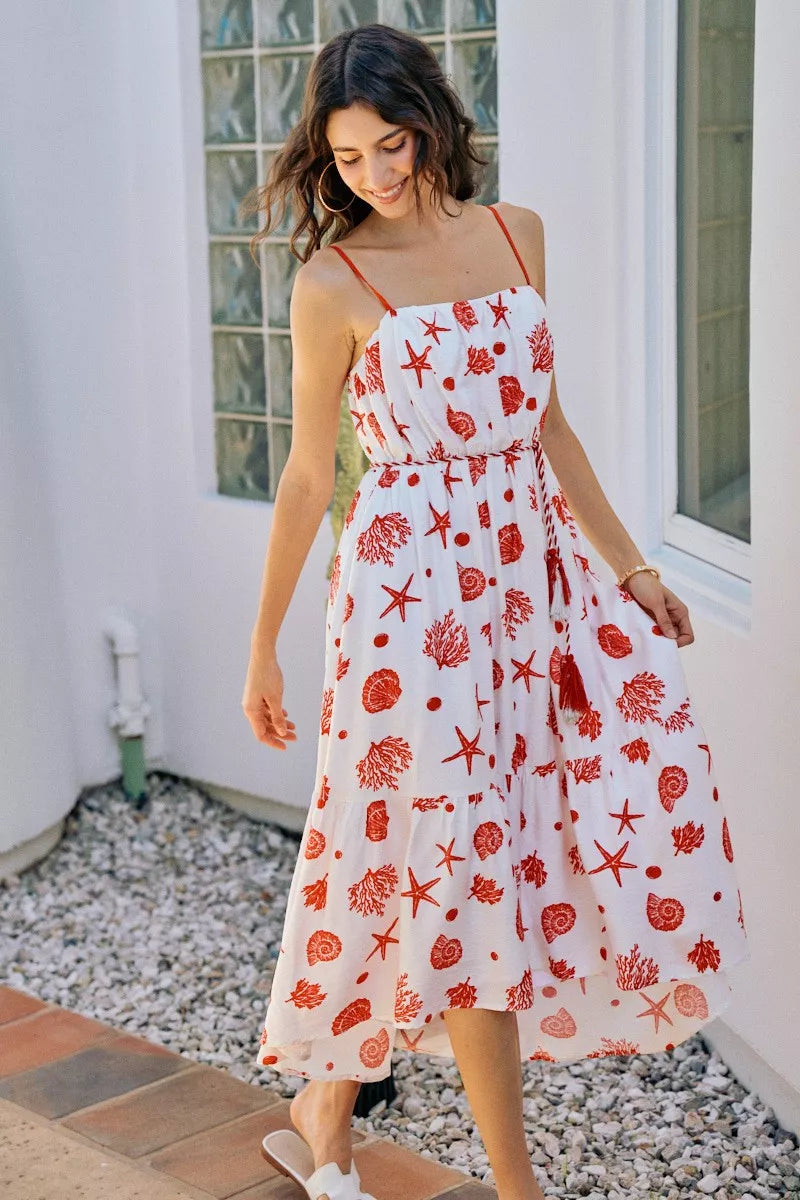 shell print tiered So Me Shell Print Tiered Lined Midi Cami Dress with Belt view 3 (dress) - shop at us.meeeshop
