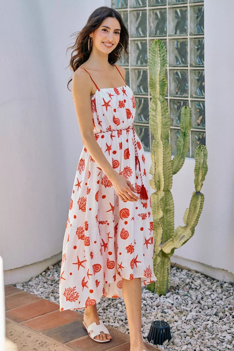 shell print tiered So Me Shell Print Tiered Lined Midi Cami Dress with Belt view 4 (dress) - shop at us.meeeshop