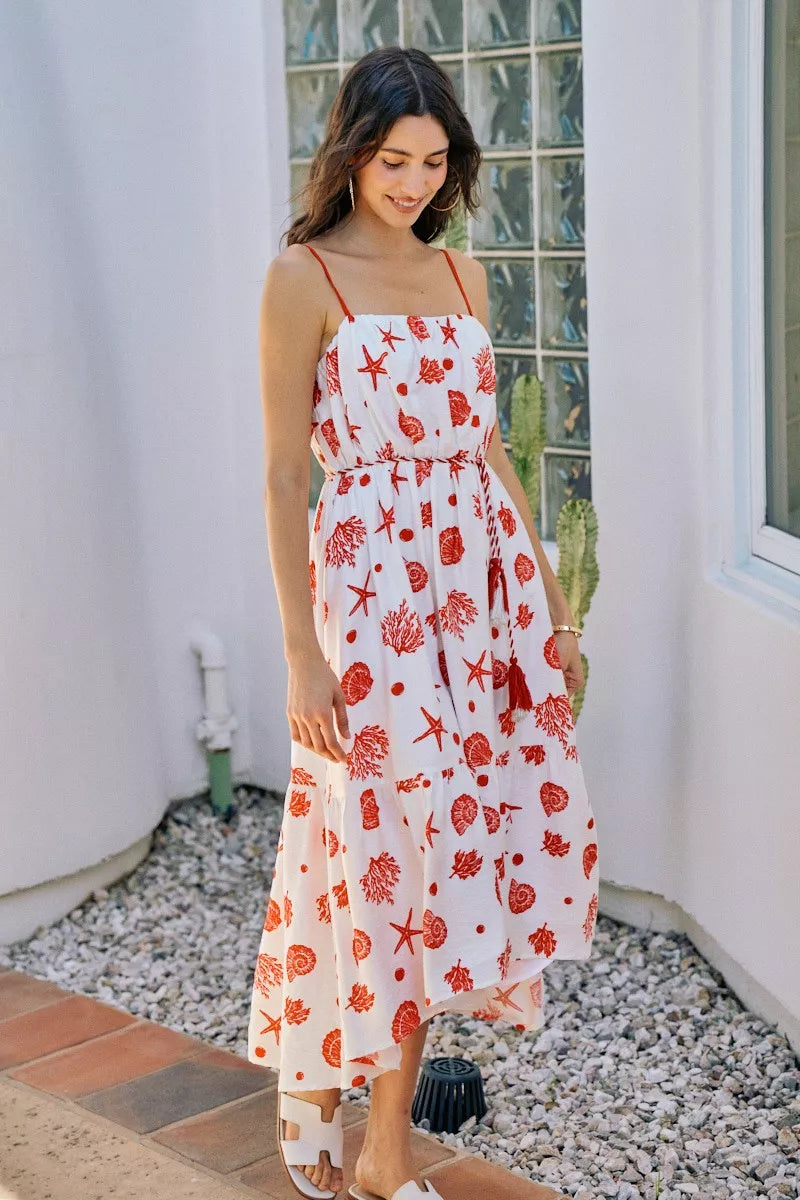 shell print tiered So Me Shell Print Tiered Lined Midi Cami Dress with Belt view 5 (dress) - shop at us.meeeshop