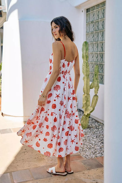 shell print tiered So Me Shell Print Tiered Lined Midi Cami Dress with Belt view 6 (dress) - shop at us.meeeshop