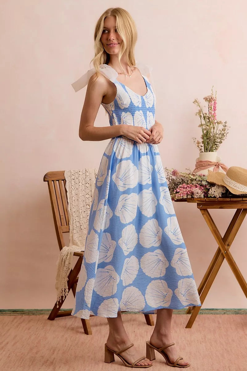 shell smocked bodice So Me Shell Smocked Bodice Shoulder Tie Lined Midi Dress view 10 (dress) - shop at us.meeeshop